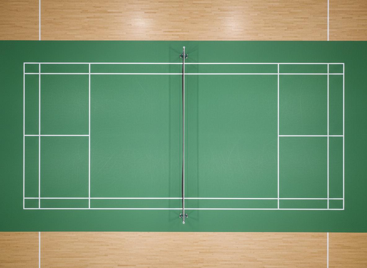 Aerial view of BWF-standard badminton court with teak wood flooring and PVC vinyl surface