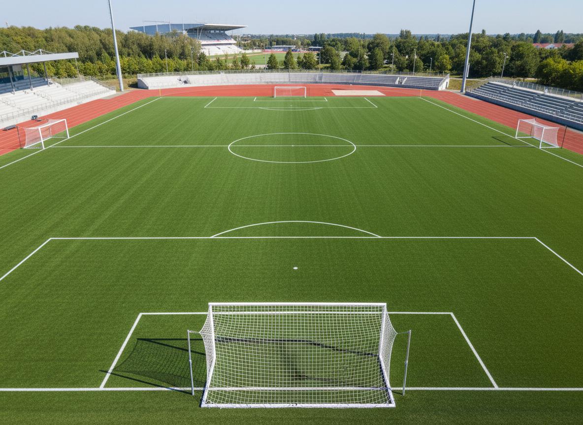 Aerial view of FIFA Quality Pro football turf pitch installation with 60mm PE monofilament surface and rubber crumb infill