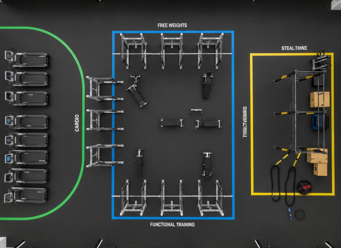 Aerial view of commercial gym flooring installation with EPDM rubber tiles and custom colour zones