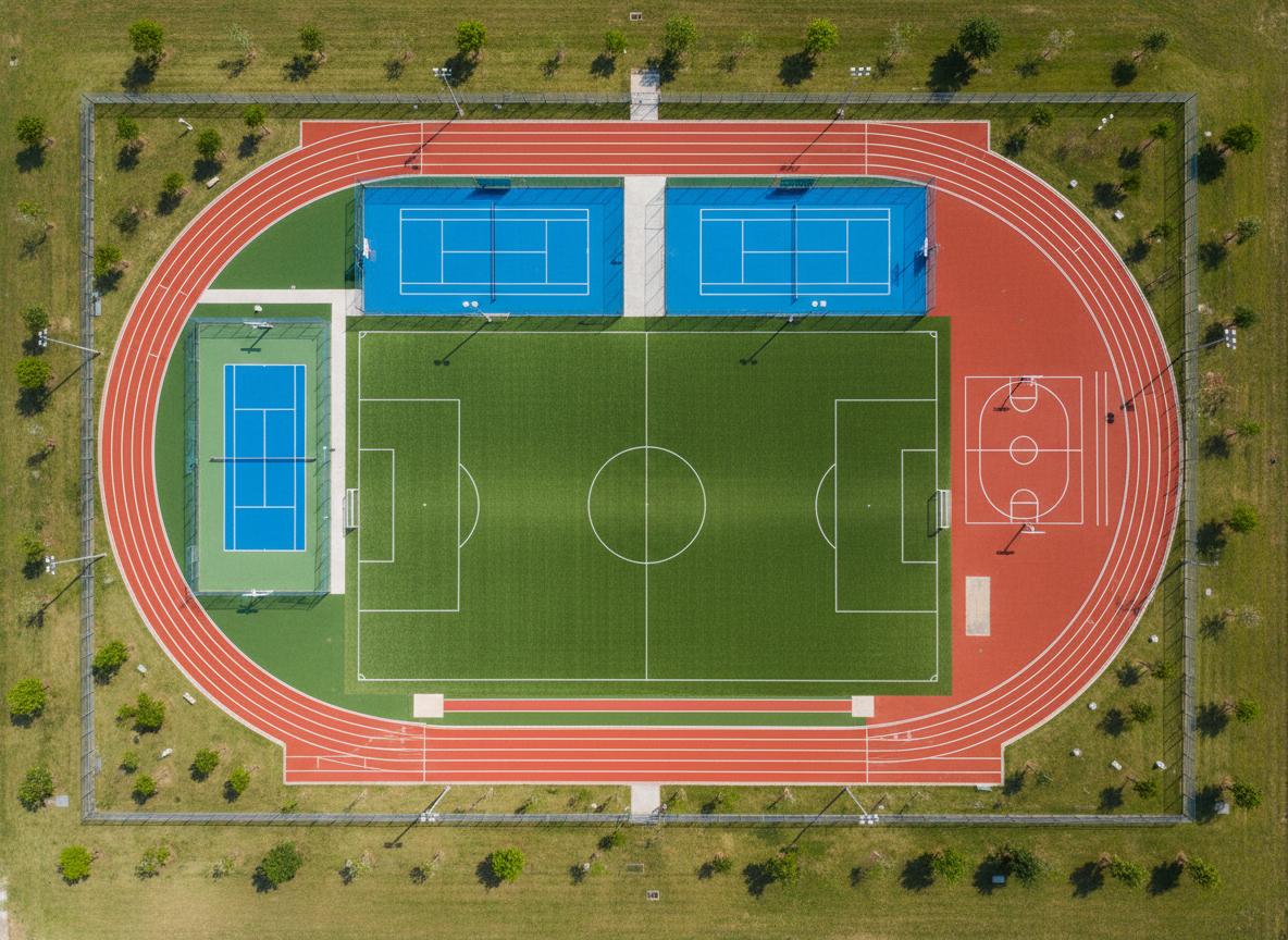 Aerial view of multisport complex with football turf, basketball court and tennis court facilities