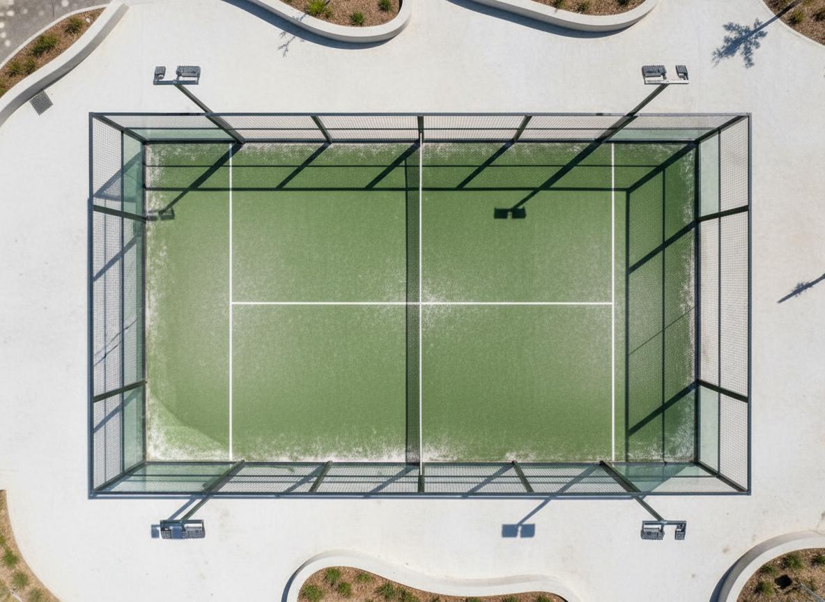 Aerial view of padel court with tempered glass walls and artificial turf surface
