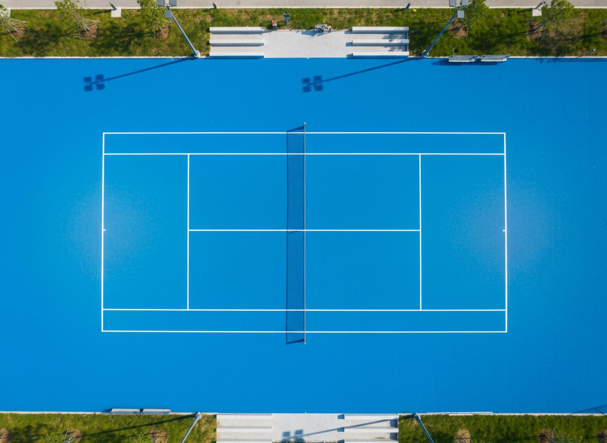 Aerial view of ITF Class 2 cushioned acrylic tennis court construction with multi-layer coating system