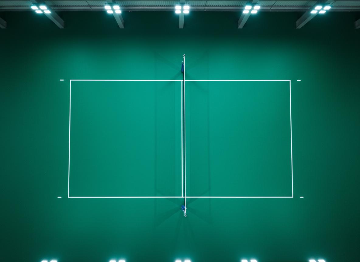 Aerial view of volleyball court with synthetic PU surface and FIVB-standard net posts